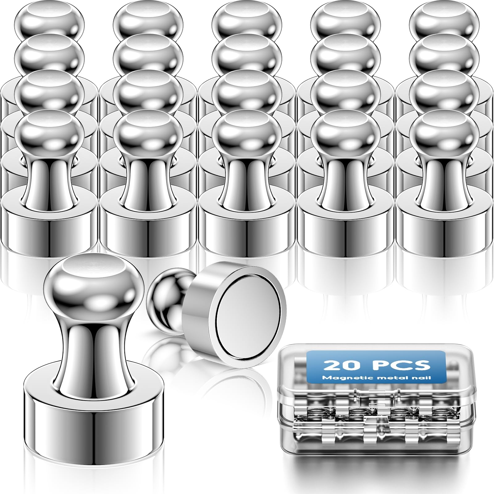 Kimsky 20 Stück Magnet für Magnettafel– Magnete Stark mit Aufbewahrungsbox Kegelmagnete Neodym Magnet Extra Stark, Mini Magnete mit Griff für Magnettafel/Whiteboard/Kühlschrank/Büro, Silber