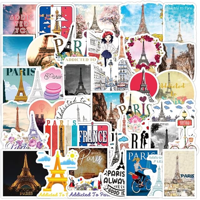 Serhuque 50pcs Paris Eiffel Tower Stickers for Journal Luggage Water Bottle Laptop Phone Case Scrapbook Skateboard Hydro Flasks,Vinyl Eiffel Tower Decals for Kids Teens Adults,Waterproof
