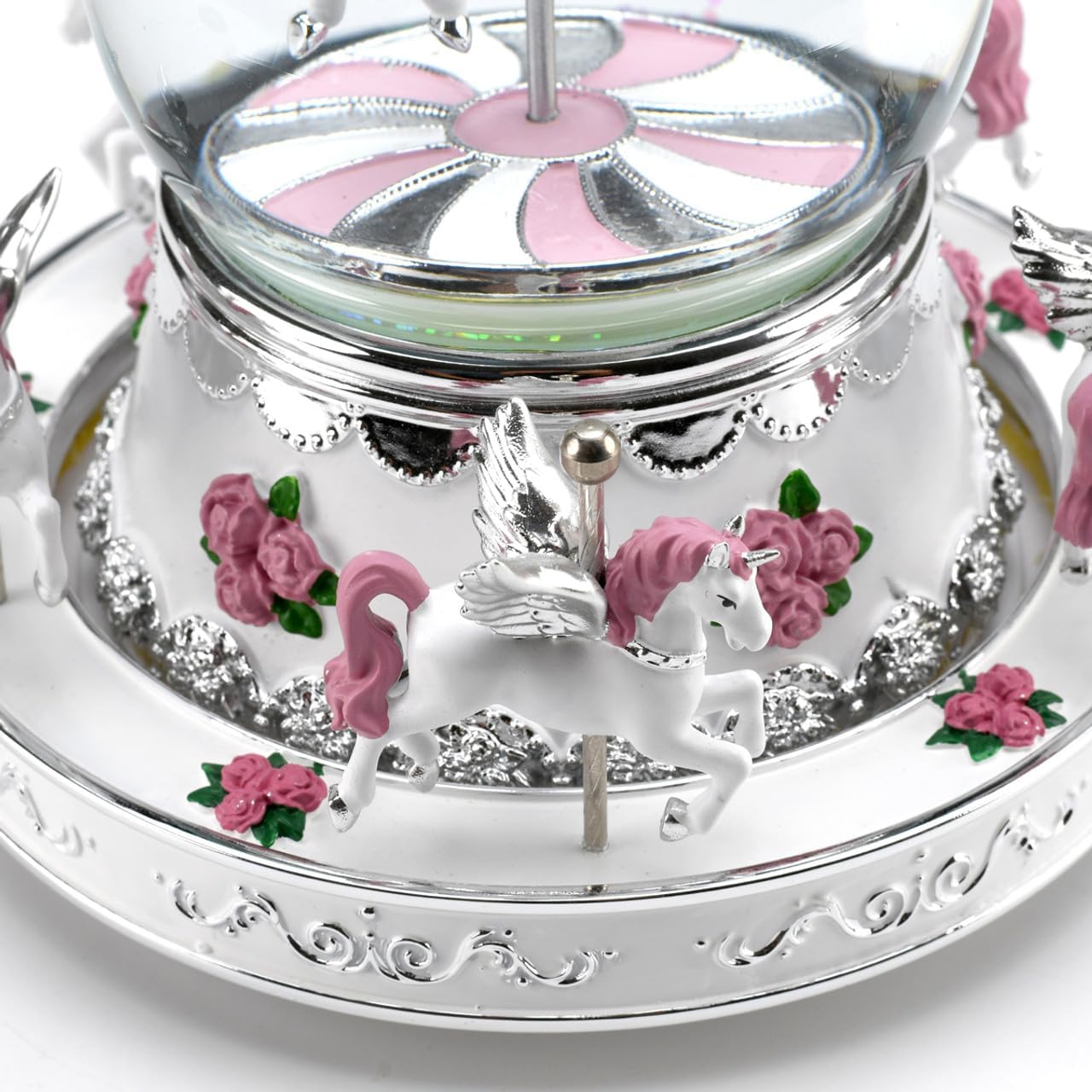 Pearl White and Silver with Pink Roses Unicorn Musical Carousel Animated Snow Globe-Many Songs to Choose-I Hope You Dance