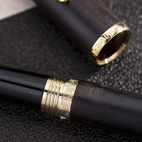 Miniatura 7 de HongDian 660 pluma estilográfica de madera de ébano natural, pluma de escritura fina de iridio con estuche de metal
