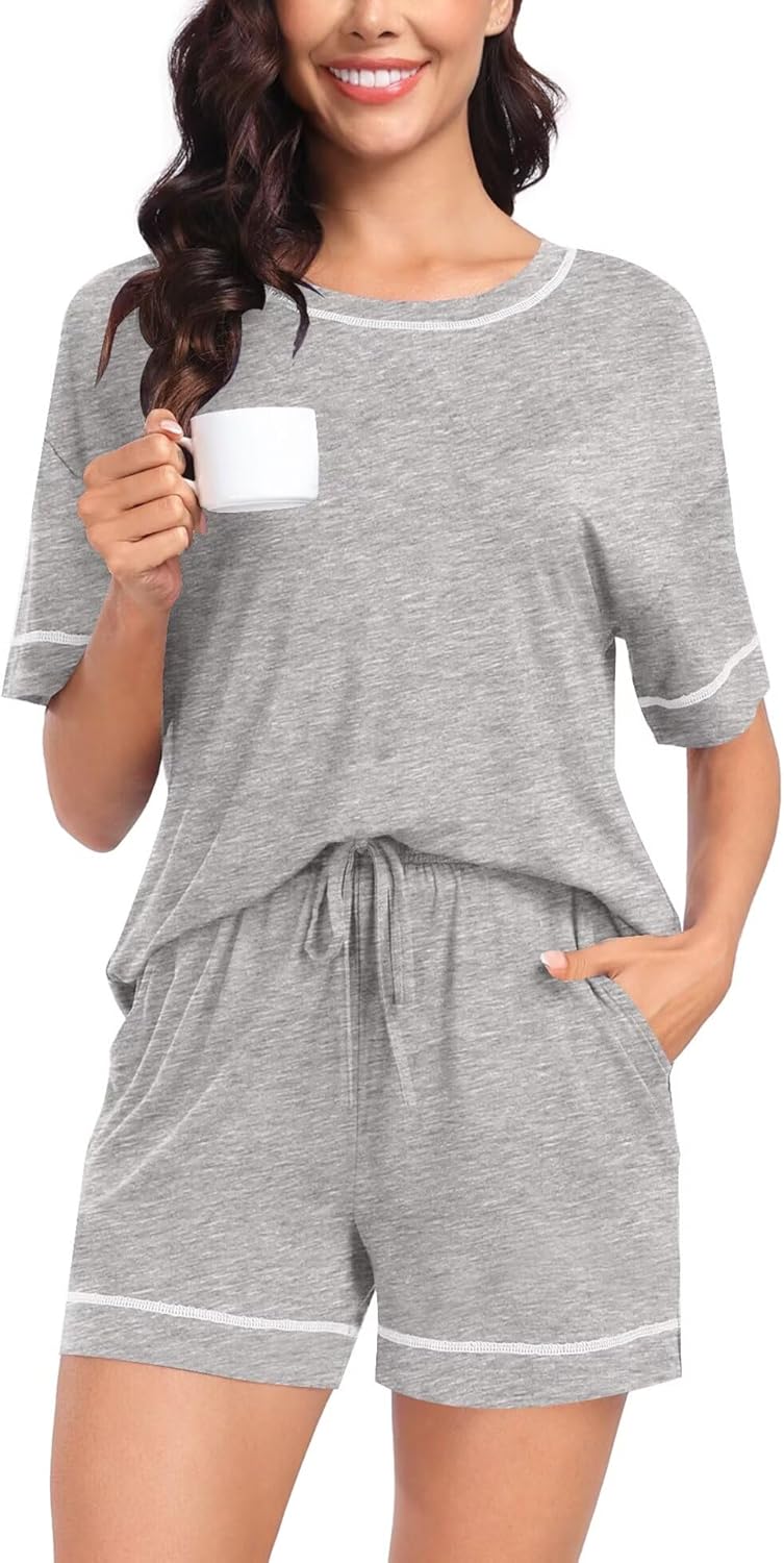SWOMOG Womens Pajama Sets 2 Piece Short Sleeve Sleepwear Sets Soft Top and Shorts Pjs Lounge Sets with Pockets S-XXL