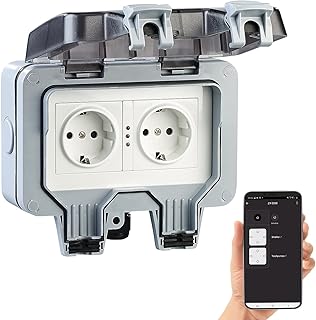 Luminea Home Control Outdoor Steckdose WLAN: Outdoor-WLAN-Aufputz-Doppelsteckdose, Sprachbefehl, Strommessung, App (Steckdosen Smart, Zeitsteckdose außen, Weihnachtsbeleuchtung)