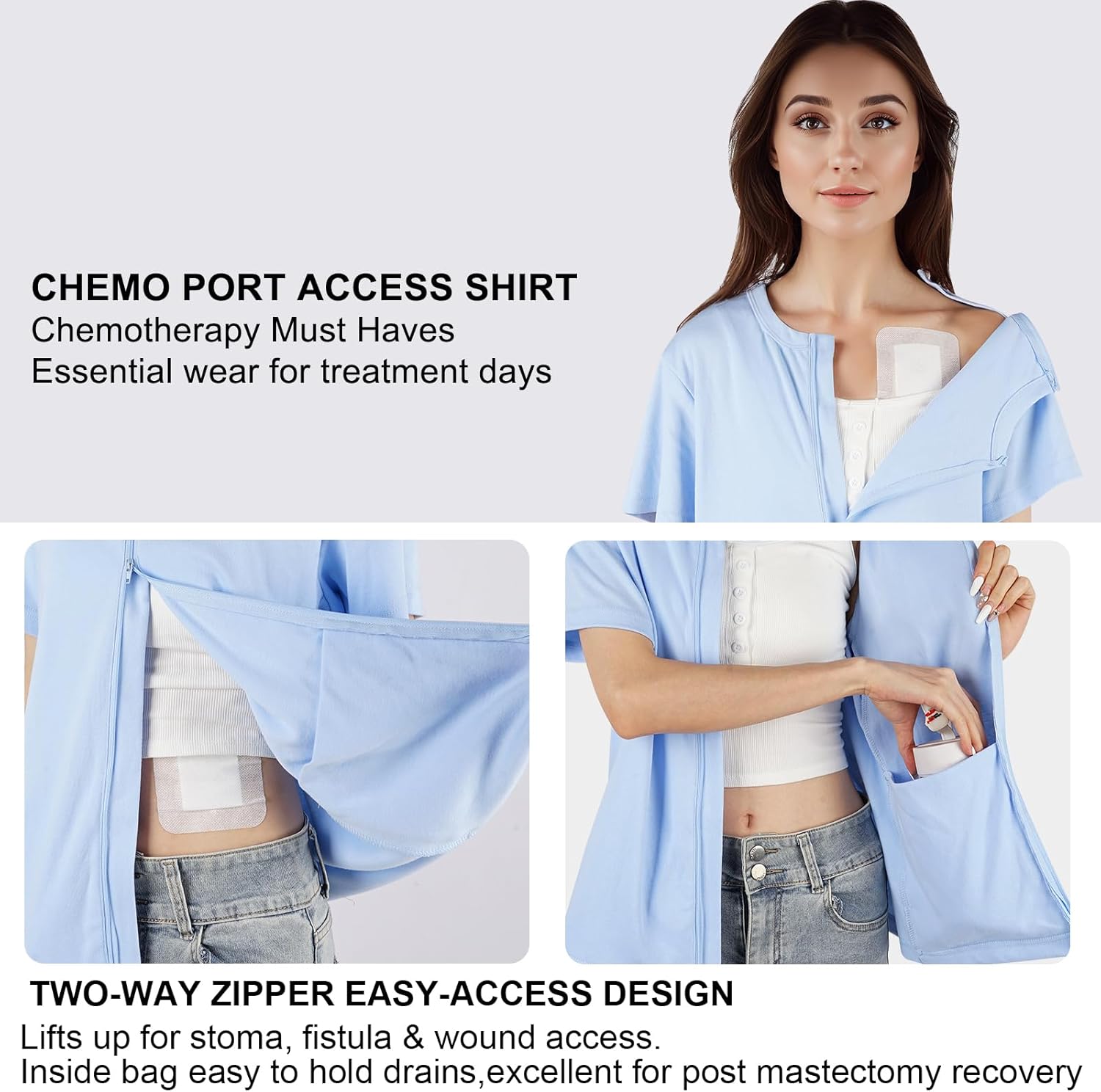 Women's Post-Mastectomy Recovery & Chemo Shirts for Port Access - One-Hand Shoulder Zip Short Sleeve with Drain Bag Pocket - Image 4
