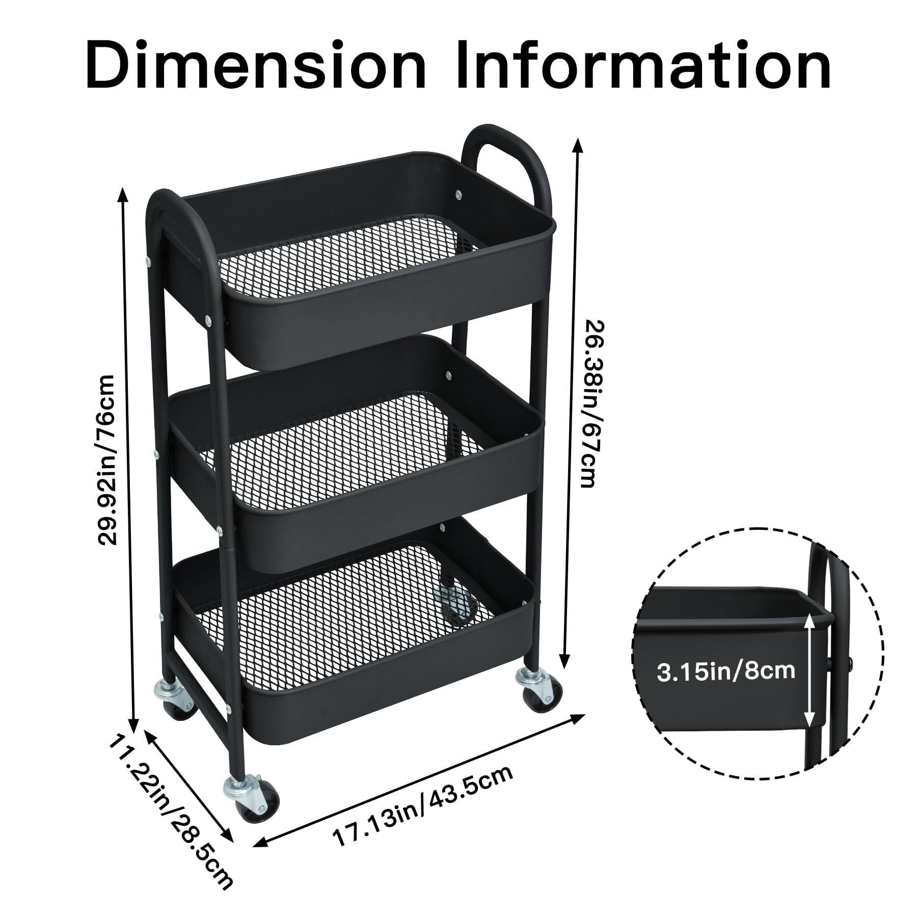 Carrito rodante de metal de 3 niveles con ruedas – Carro Sto que ahorra espacio para cocina, baño, oficina y maquillaje – Carrito de peluquería (negro)