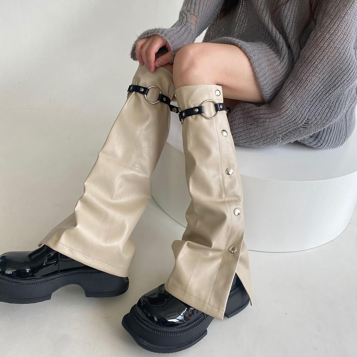 Women's Subcultures Punk Buckle Leather Leg Warmer Side Buttons Baggy Loose Sleeve Footless Socks Wide Boot Covers Leather