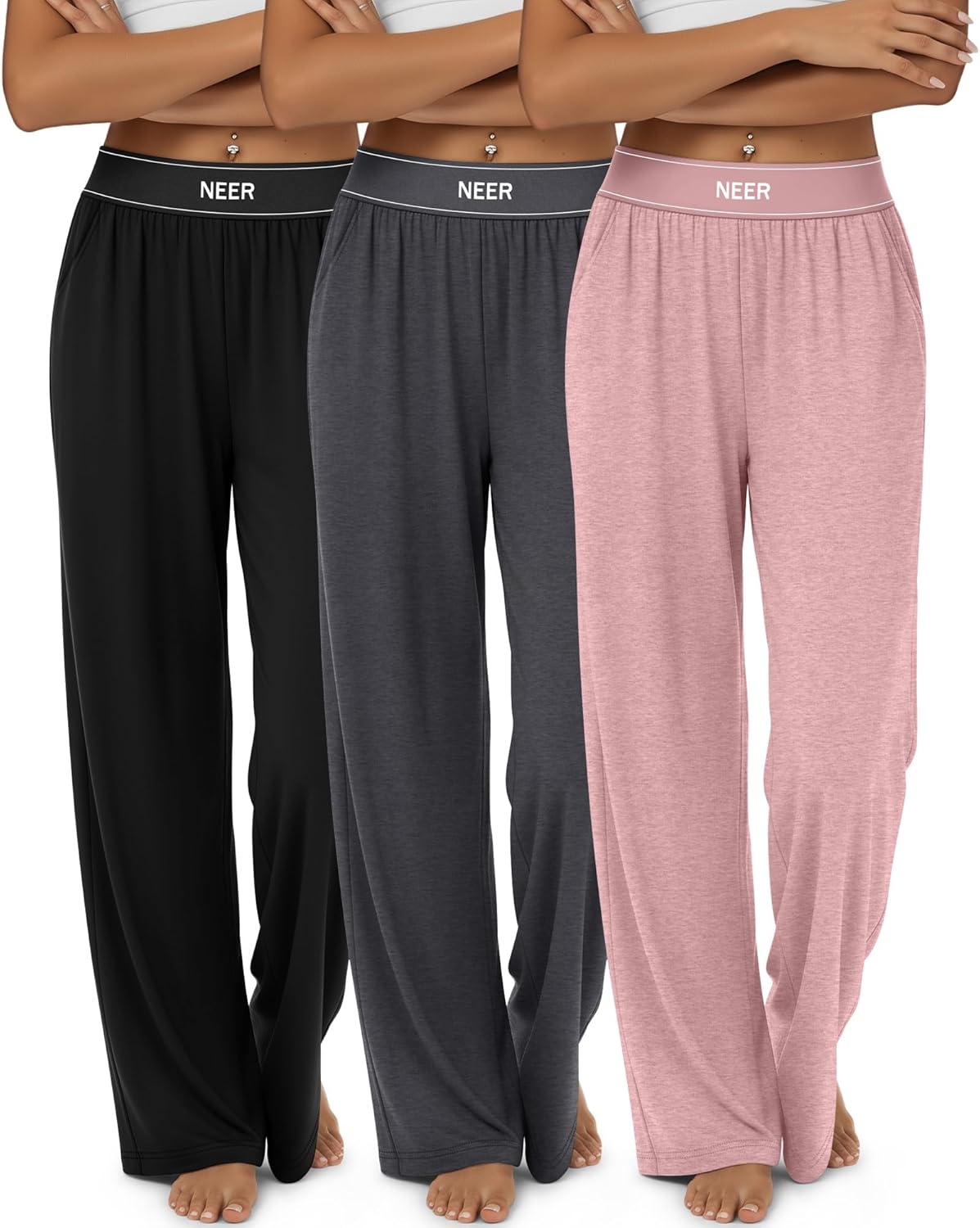 Neer 3 Pack Women's Cotton Lounge Pants High Waisted Wide Leg Yoga Pants Casual Comfy Athletic Loose Sweatpants with Pockets
