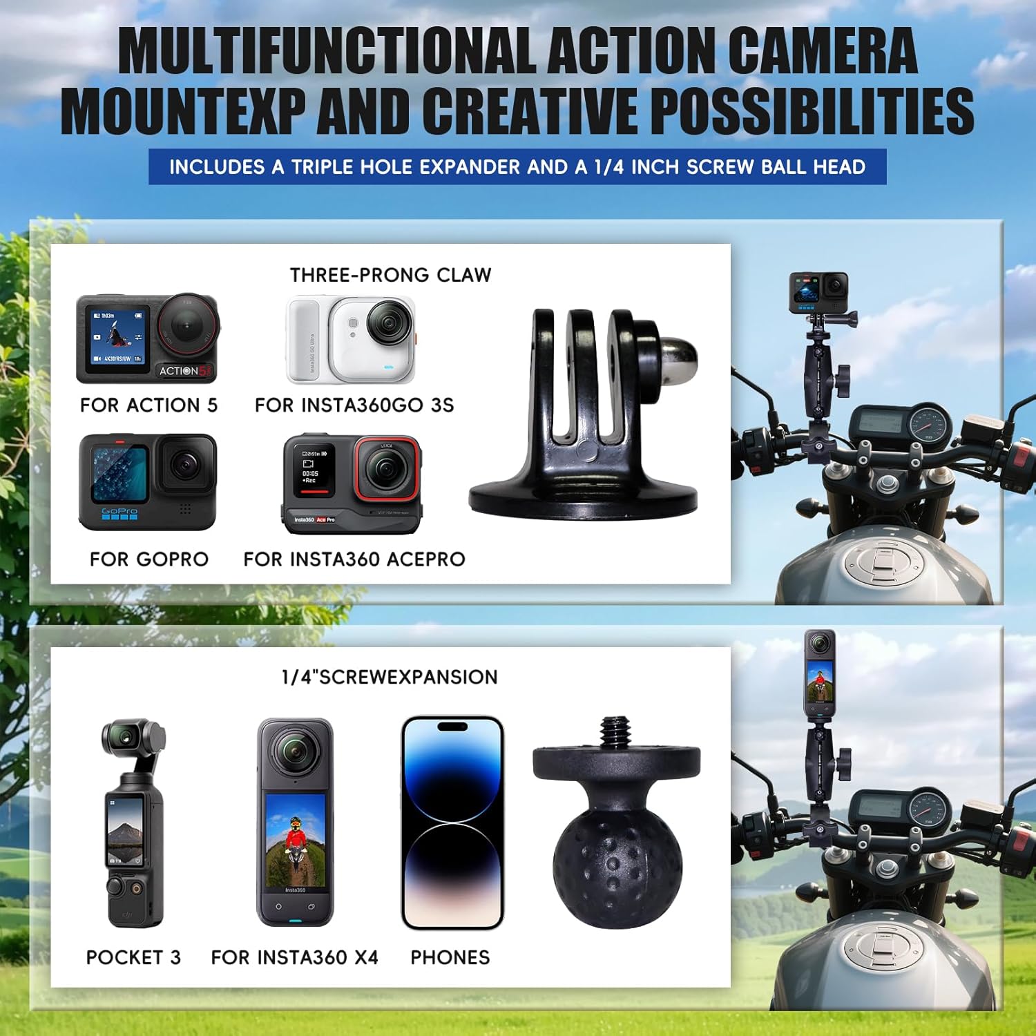 Motorcycle Mount for Insta 360 X4 X5, 59" Concealed Selfie Stick Kit, Bicycle Handlebar Clip Mount, Suitable for Motorcycles Bicycle Riding Recording, for GoPro Camera Accessories