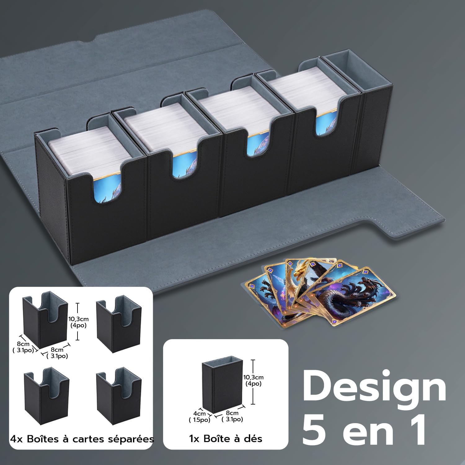 Organisateur de Bureau 5-en-1 en Cuir PU, Boîte de Rangement Magnétique Élégante pour Cartes 800+ TCG et Petits Objets, Coffret de Collection Décoratif pour Maison et Bureau - Noir