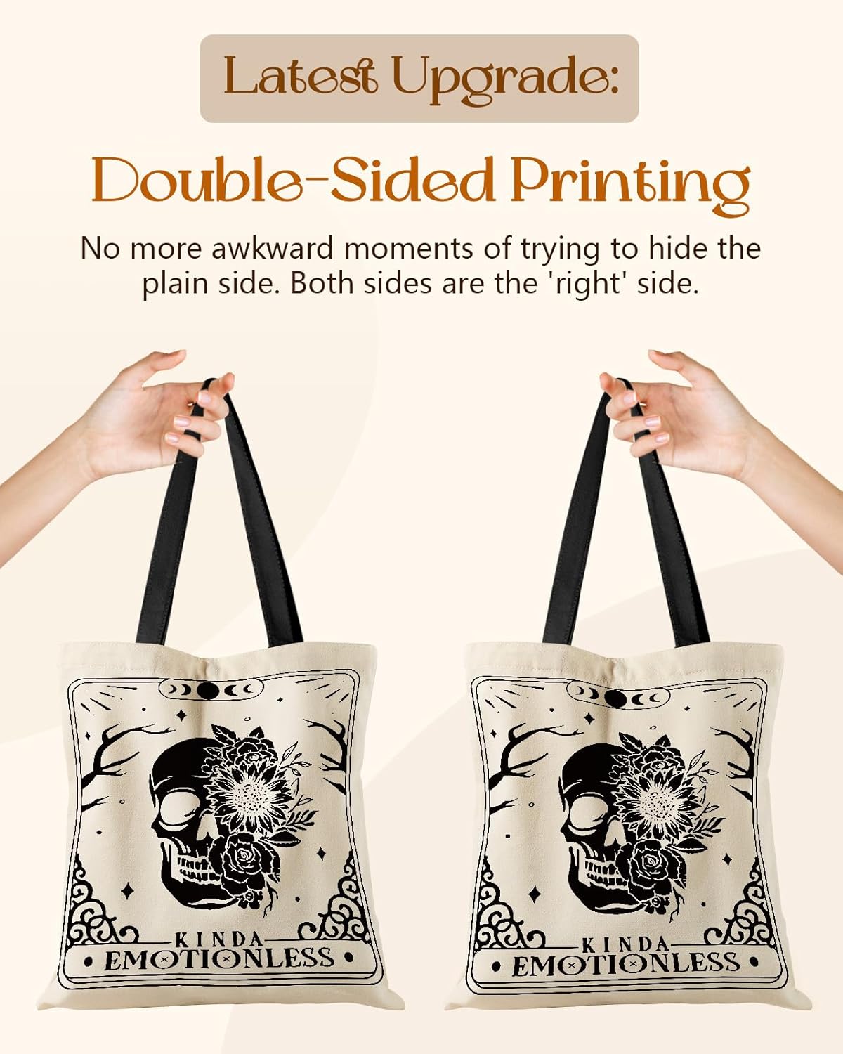Canvas Tote Bag for Women – Aesthetic Canvas Bag with Zipper Cute Stylish Reusable Shoulder Totes for Shopping Work Daily Vacation, Skull Flower - Image 5