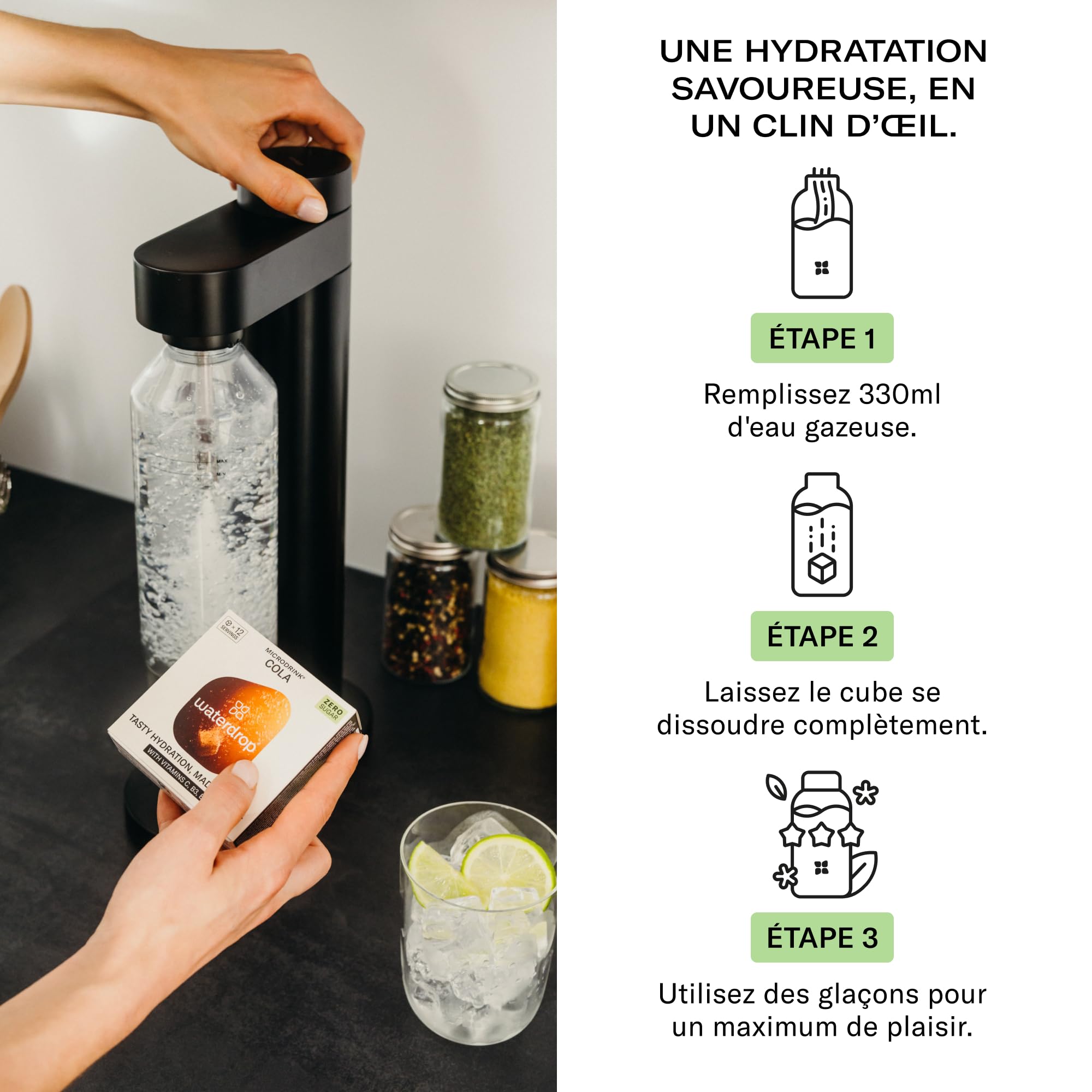 Coffret Dégustation COLA waterdrop®, Gourde + 24 boissons en cube, pastilles effervescentes, soda à la noix de kola et de vitamines sans sucre, Bouteille d'eau en verre, eau aromatisée