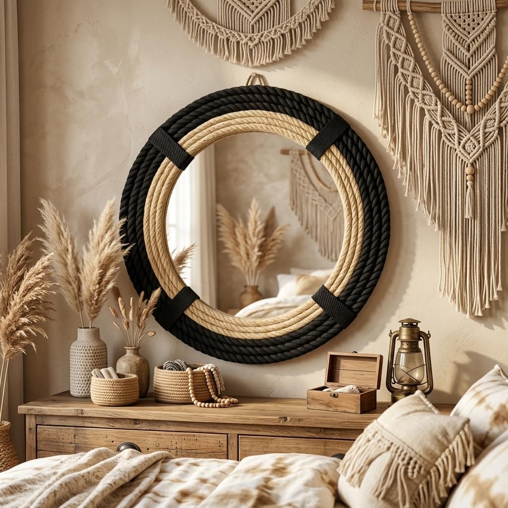 12" Inch Round Rustic Farmhouse Boho Shabby Chic Wall Hanging Mirror with Natural Jute Rope Decor Accent for Entryway, Bedroom, or Living Room (Color 1)