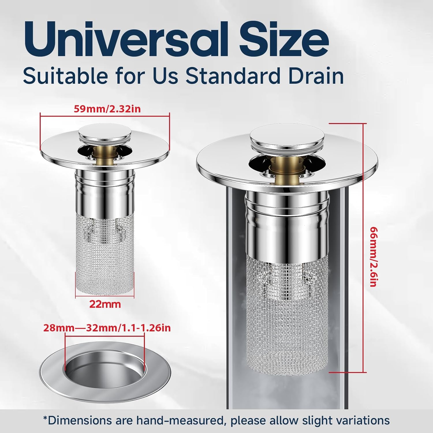 Pop Up Sink Drain Strainer, Bathroom Sink Drain Stopper with Removable Stainless Steel Drain Hair Catcher Basket, Universal Bathroom Sink Stopper Replacement, Drain Plug Filter (2PCS) - Image 6