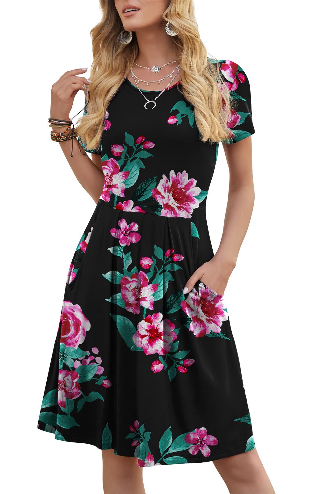 DouBCQ Women's Casual Flowy Pleated Loose Dresses with Pockets