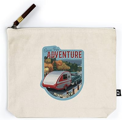Lantern Press Minnesota, Open for Adventure, Retro Camper on Road, Painterly, Contour (100% Cotton Canvas Travel Accessory Go Bag)
