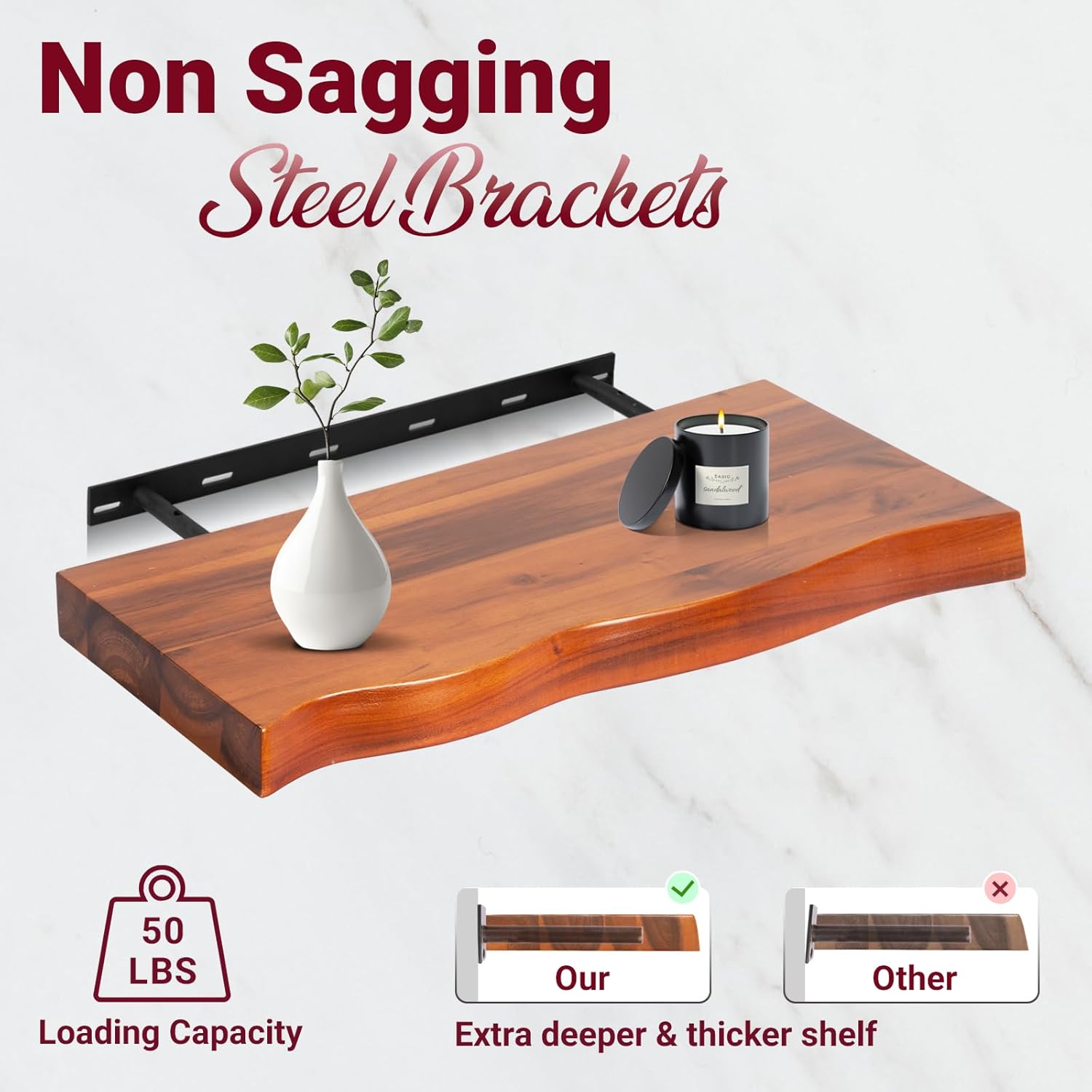 24" Live Edge Floating Shelves – Set of 2 | Acacia Wood Wall Shelves with Rustic Golden Teak Finish | Floating Shelves for Wall Decor in Living Room, Kitchen, Bathroom, or Bedroom | 24x8 in