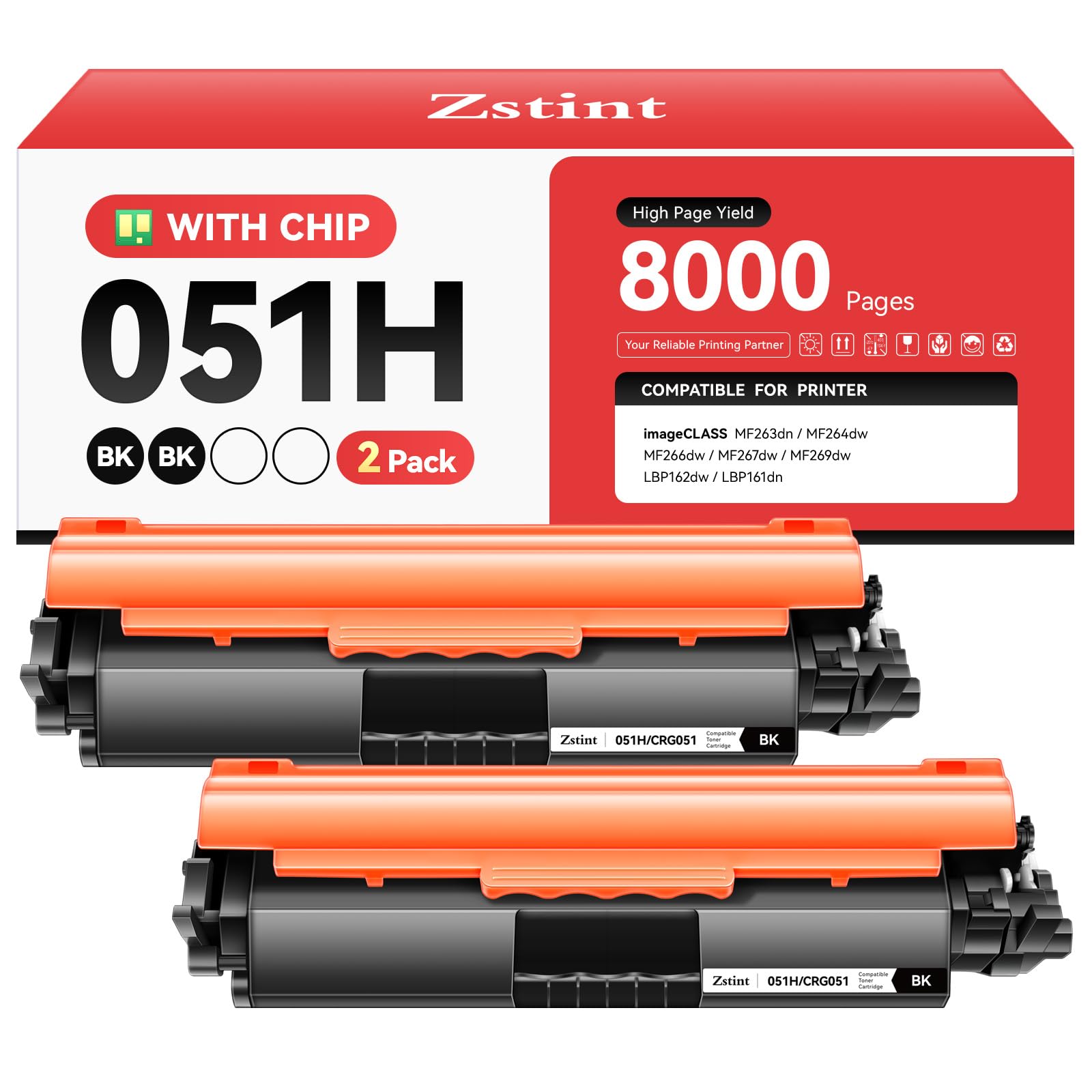 051H Toner Cartridge 2-Pack High Yield with Chip Replacement for Canon 051H 051 CRG-051H Toner Compatible with Canon imageCLASS MF263dn MF264dw