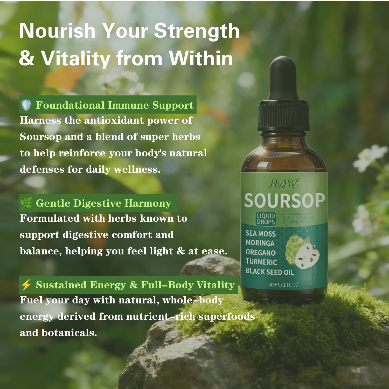 Soursop 10-in-1 Natural Extract Drops | Soursop Bitters Liquid Drops with Sea Moss, Turmeric & Black Seed Oil Extract | Supports Digestive Comfort & Overall Wellness | Alcohol-Free, Vegan | 2 Fl Oz - Image 6