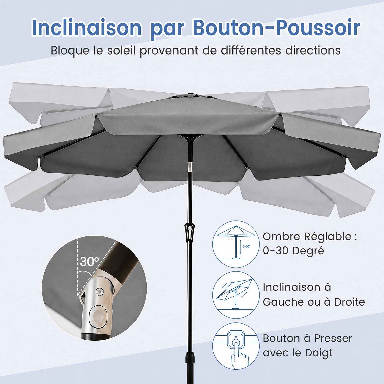 COSTWAY Parasol de Jardin Extérieur à Volant 3m, Parasol Inclinable 30° en Polyester, Manivelle Lisse, 8 Baleines, Protection Solaire&Résistant à l'Eau, pour Terrasse Piscine Plage