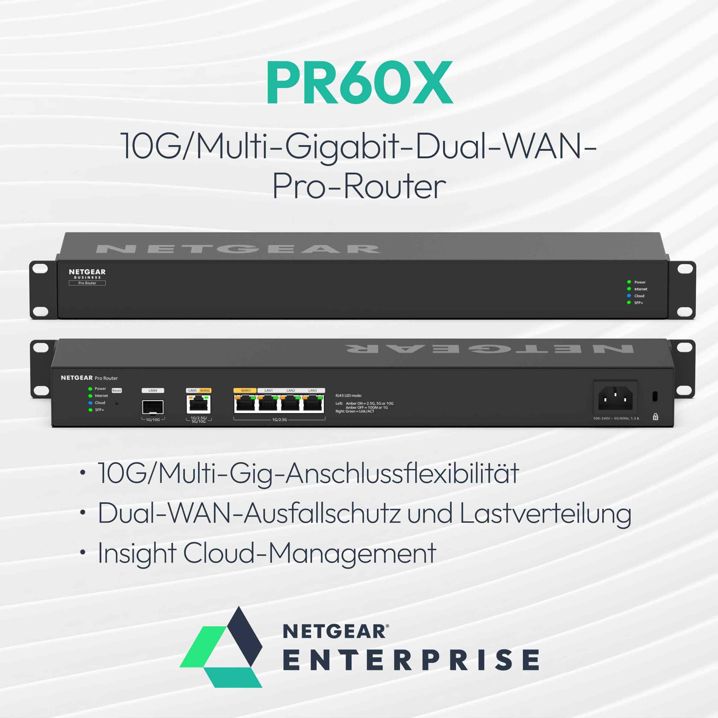 NETGEAR 10G/Multi-Gigabit-Dual-WAN-Pro-Router mit Insight Cloud-Management (PR60X) – 10G SPF+ – Ausfallschutz – 32 VLANs – IPSec-VPN-Konfiguration – Rack-Befestigung
