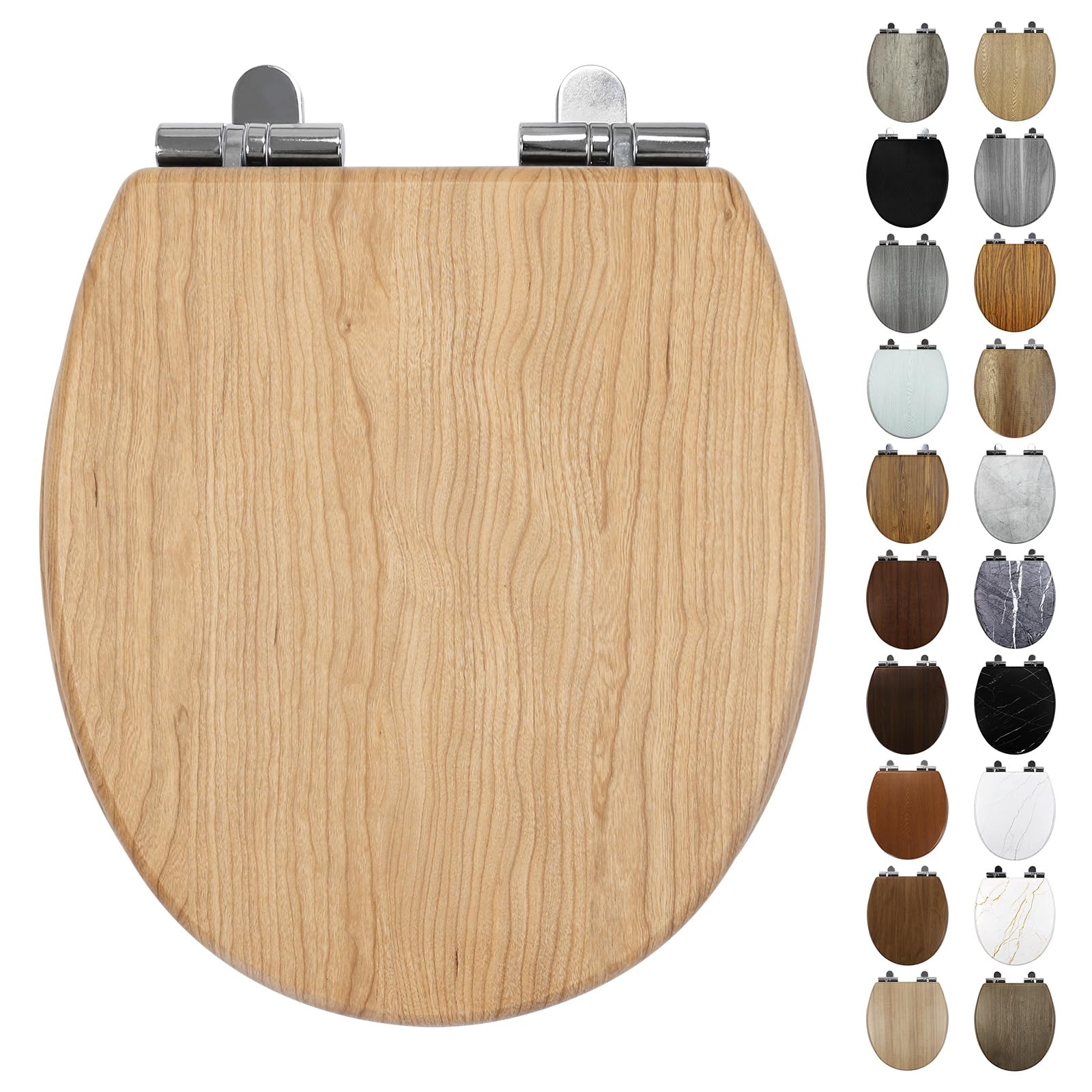 Fanmitrk Oak Wooden Toilet Seat Soft Close, 18mm Thickened MDF Wood Toilet Seat with Adjustable Strong Zinc Alloy Hinges, Comfortable, Durable, Easy Cleaning (MFJE100-1)