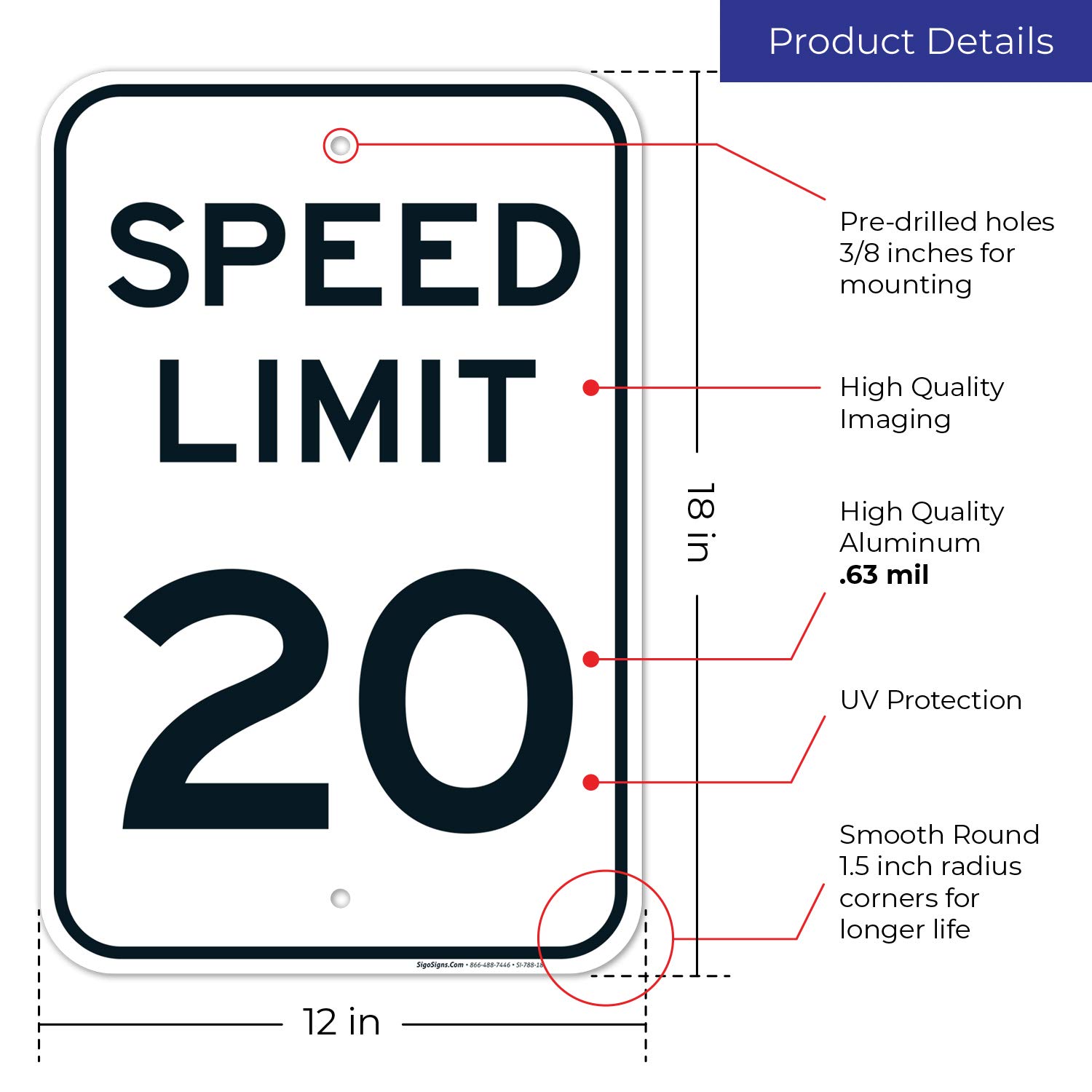 Speed Limit 20 MPH Sign, 12x18 Inches, Rust Free .063