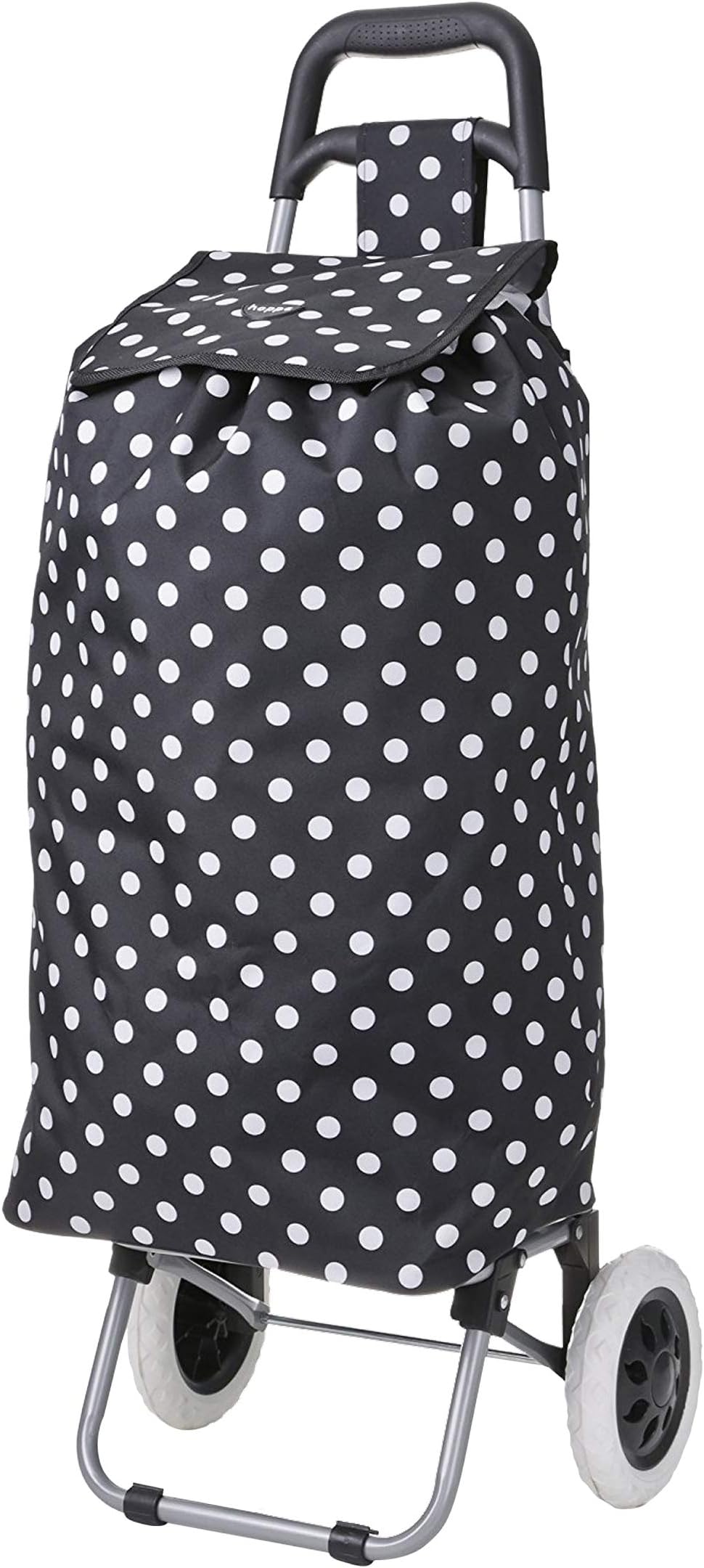 Hoppa 12.5 Gallons Folding Shopping Cart Lightweight Grocery Trolley | 2 Wheels Large Capacity Rolling Shopper Bag Trolly | Easy-Grab Handle with Drawstring Closing (Black Dot)