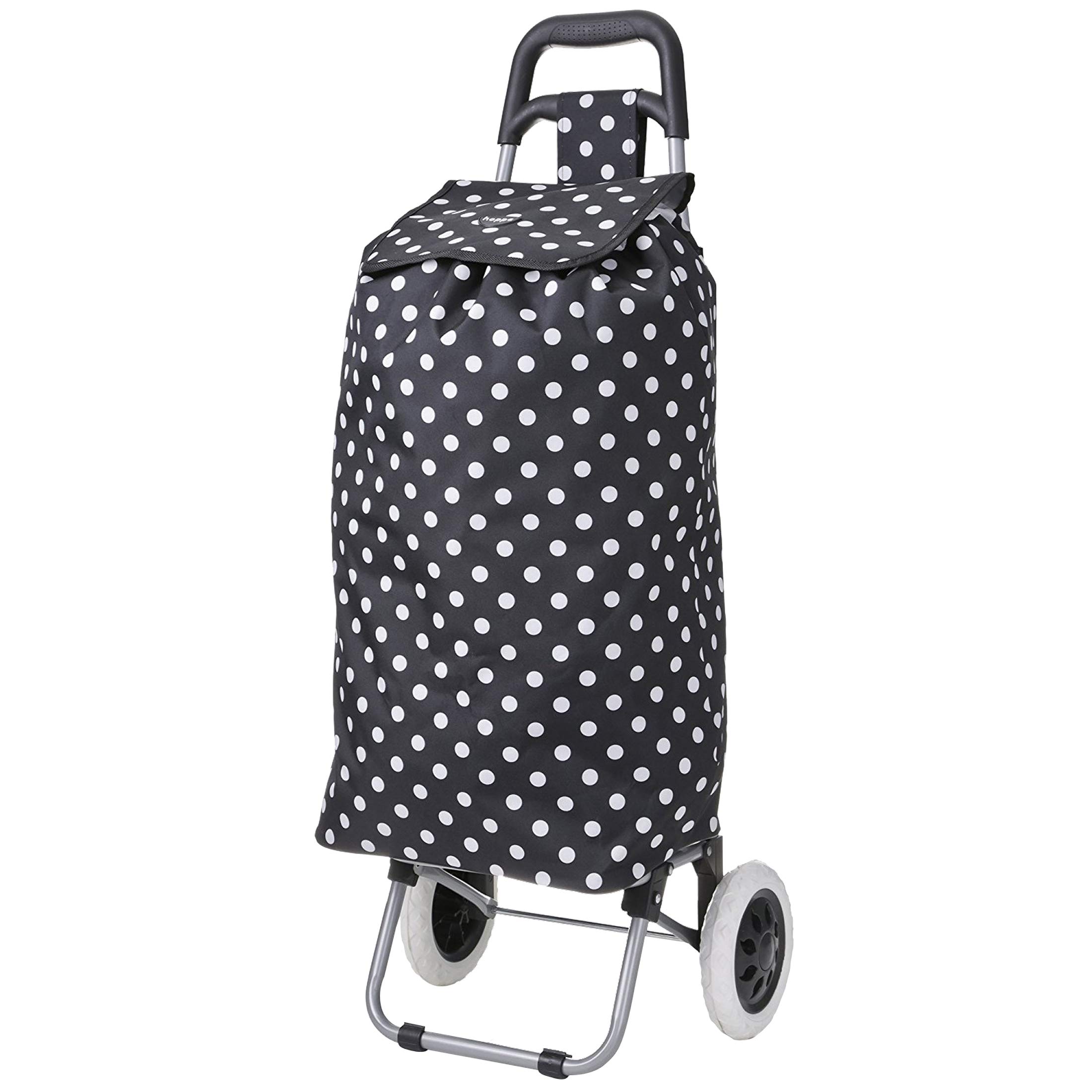 Hoppa 12.5 Gallons Folding Shopping Cart Lightweight Grocery Trolley | 2 Wheels Large Capacity Rolling Shopper Bag Trolly | Easy-Grab Handle with Drawstring Closing (Black Dot)