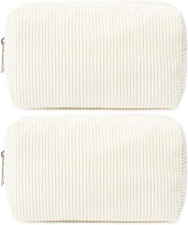 SOIDRAM 2 Pack Corduroy Makeup Bag for Women, Beige Makeup Pouch Small Cosmetic Bag Travel Toiletry Organizer for Skincare, Brushes & Essentials