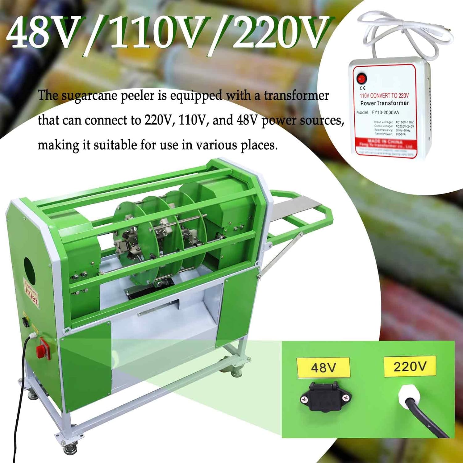 220V/110V/48V Electric Sugar Cane Peeler with Transformer, Outlet 3.5In 550W High Efficient Sugarcane Skin Peeling Machine, 3 Sets Steel Blades, for Sugarcane Processing