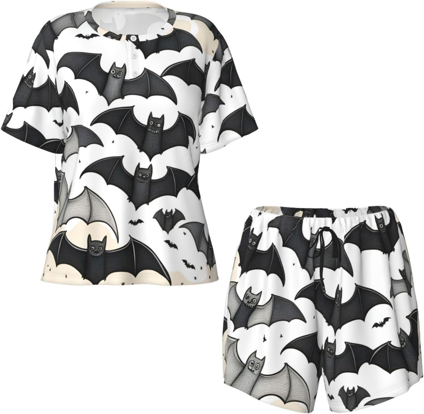 Halloween Flying Bats Print Women'S Short Sleeve Pajama Set,Stylish And Comfortable,For Lounging And Relaxing