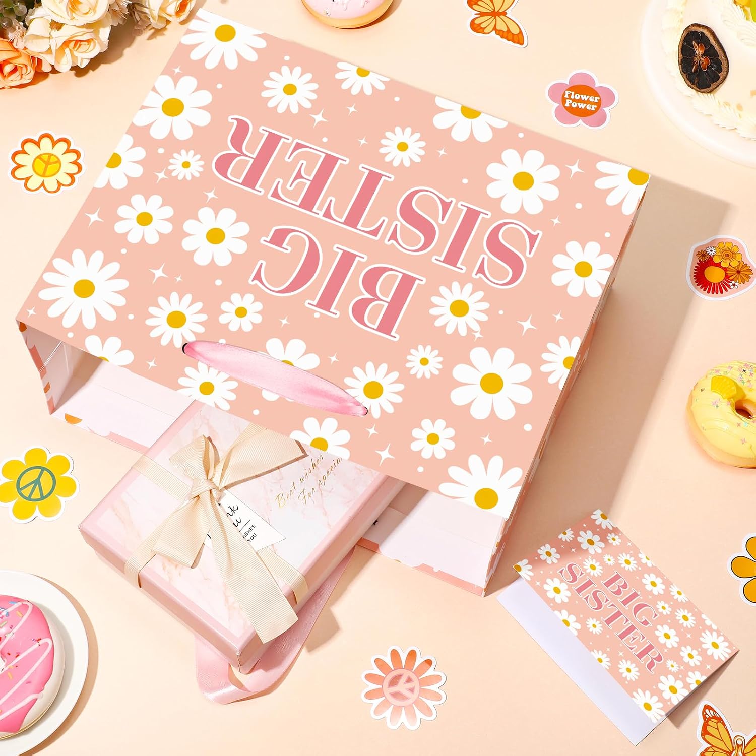 Big Sister Gift Bag for Girls, Pink Daisy Flower Big Sister Gift Bag with Tissue Paper and Greeting Card Daisy Flower Wrapping Paper New Sister Party Decor for Little Girl Birthday Party Supplies