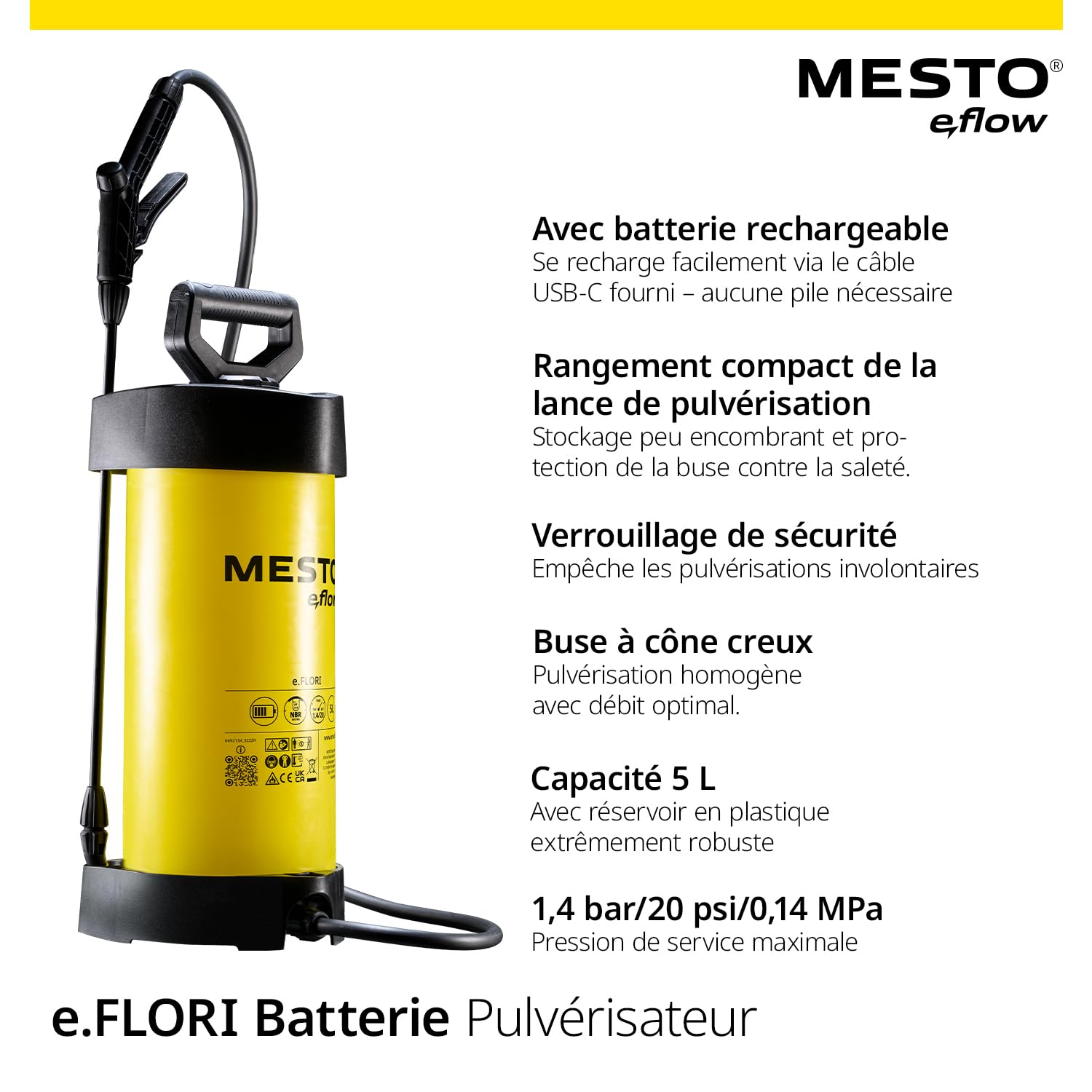 MESTO e.Flow e.Flori Compact Pulvérisateur à Batterie 3 L | Pulverisateur Electrique 1,4 Bar | Pulverisateur de Jardin électrique à Main avec Pompe intégrée pour Eau, Engrais et désherbage