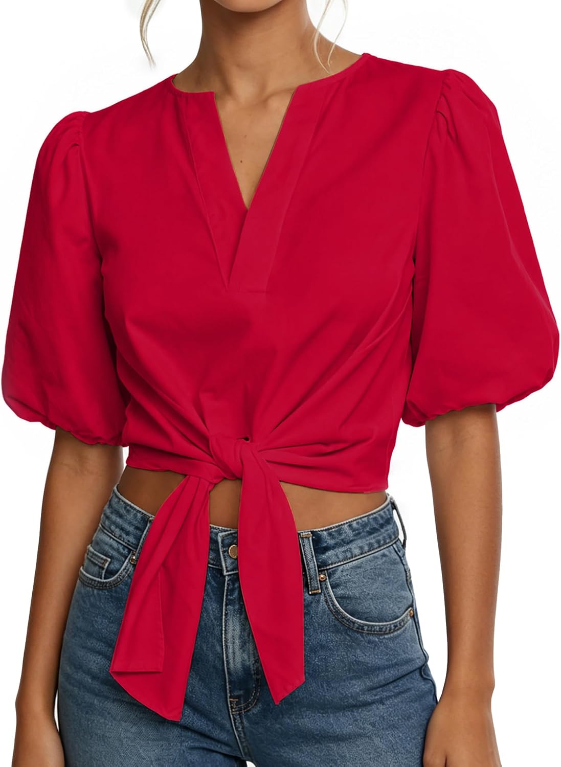 Remidoo Women's Puff Sleeve Tie Front Crop Top Blouse Back Button Down V Neck Tops