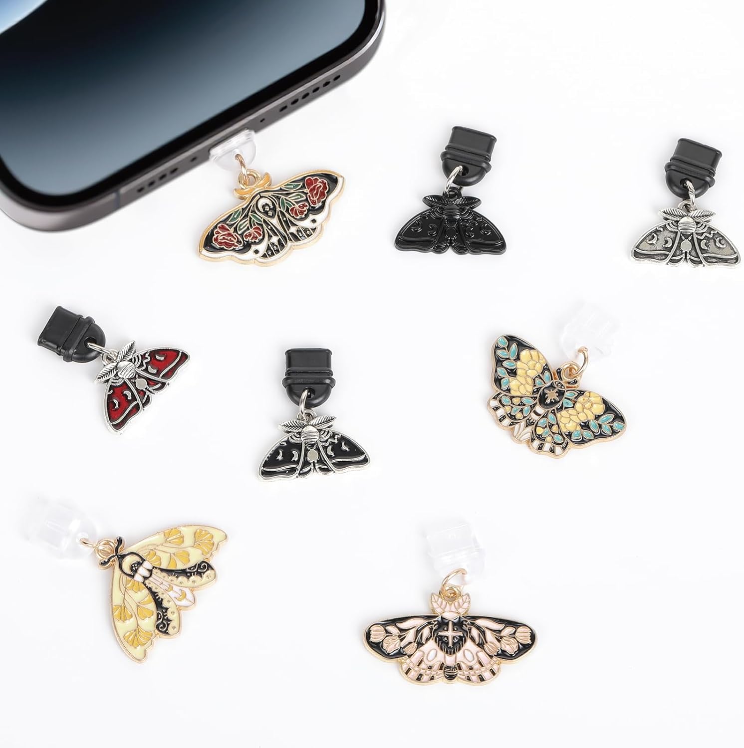 Floral Luna Moth Dust Plug Charms - 8 Pack Mystical Aesthetics Pendants Compatible with Kindle, Fantasy Bohemian Style Charging Port Protector for Type C/USB C Phone Charm Accessories