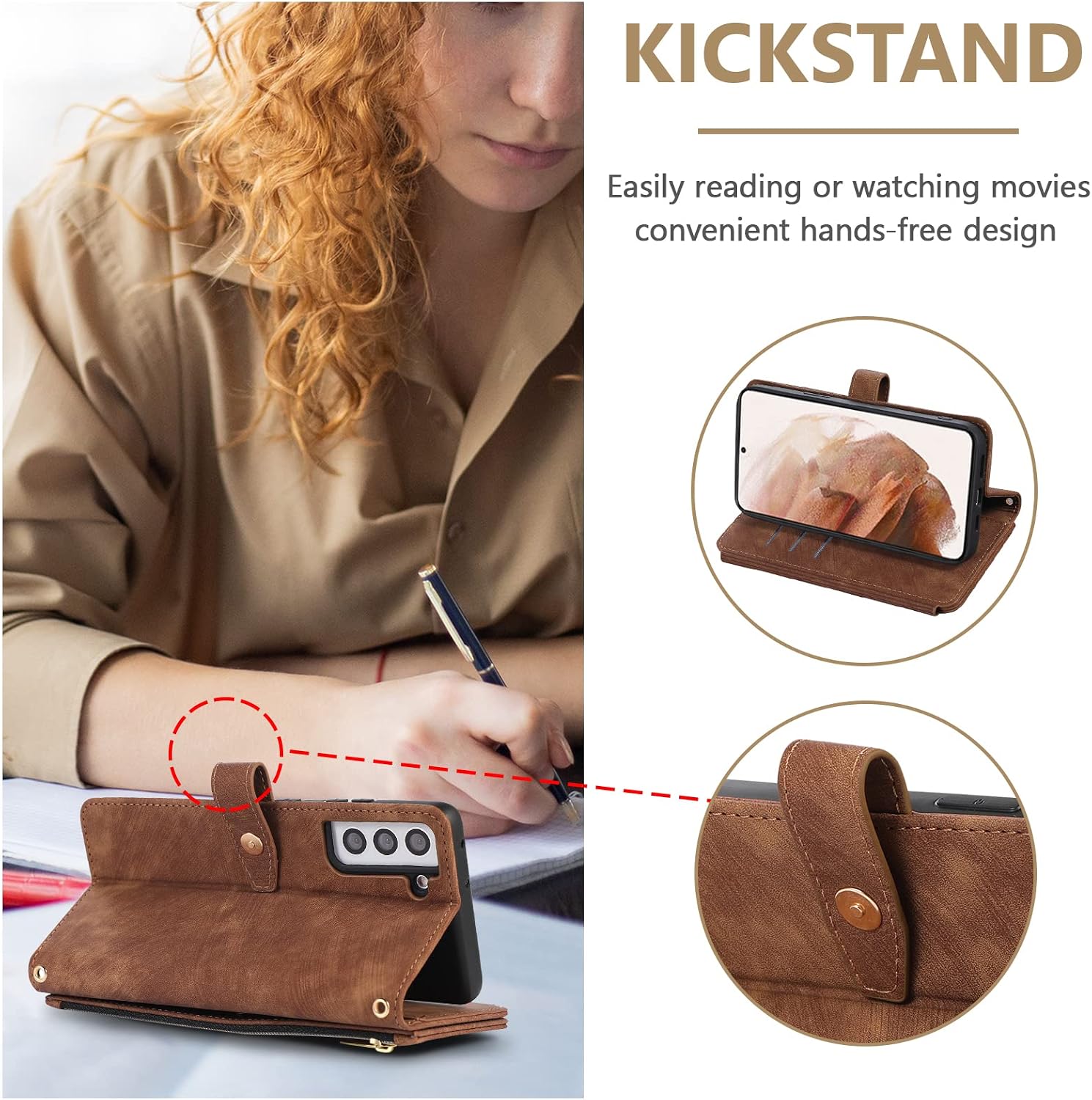 UEEBAI Case for Samsung Galaxy S21 FE 5G, 9 Card Slots Retro Leather Wallet Shockproof Flip Cover with Hand Strap Card Slots Zipper Pocket Kickstand Handbag Magnetic Closure - Retro Brown