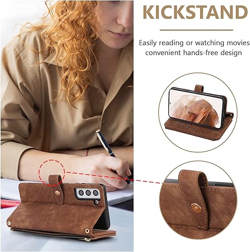 Miniatura 3 de UEEBAI Funda para Samsung Galaxy S21 FE 5G, 9 ranuras para tarjetas, cartera de cuero retro a prueba de golpes, con correa de mano, ranuras para