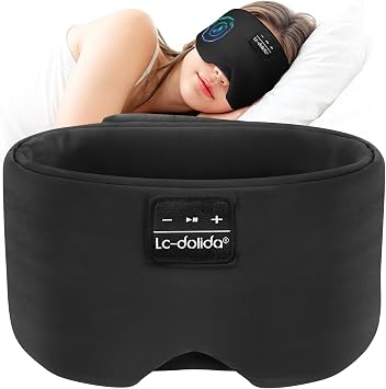 LC-dolida Bluetooth 5.4 Sleep Mask, Ice Silk Sleep Headphones for Side Sleepers, Adjustable Blackout Eye Mask with Bluetooth Headphones, Ultra-Soft Sleeping Mask for Women & Travel Black