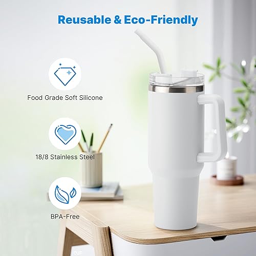 Miniatura 84 de Metal Straw with Silicone Tip for 40oz Stanley Cup, 2 Pcs Stainless Steel Straws Replacement for Stanley 40 oz Adventure Quencher Travel Tumbler