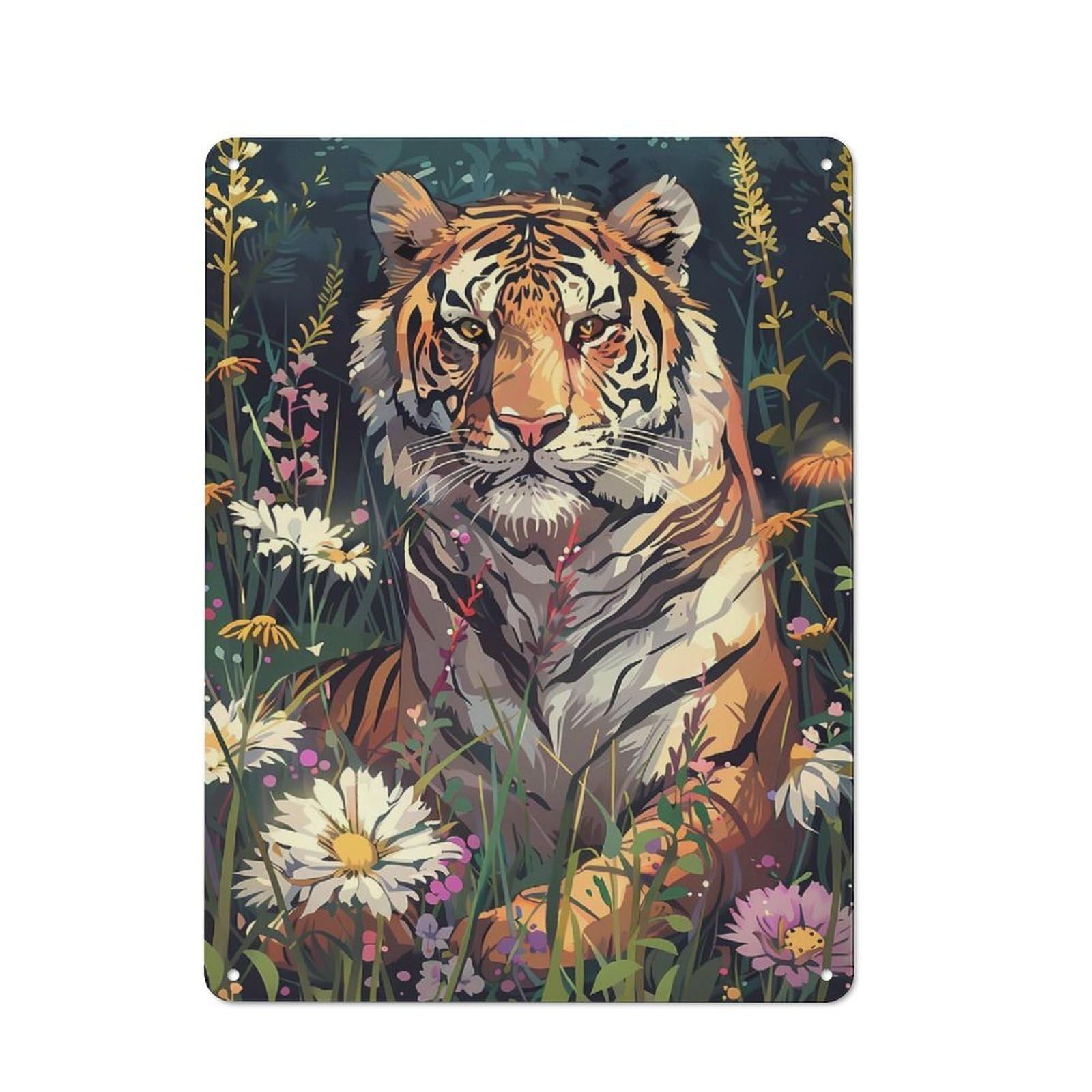 Junmoney Tiger Flowers Tin Wall Plaque 40X30cm With For Garage Or Workshop, For An Autumn Wall Display In Garage And Workshop