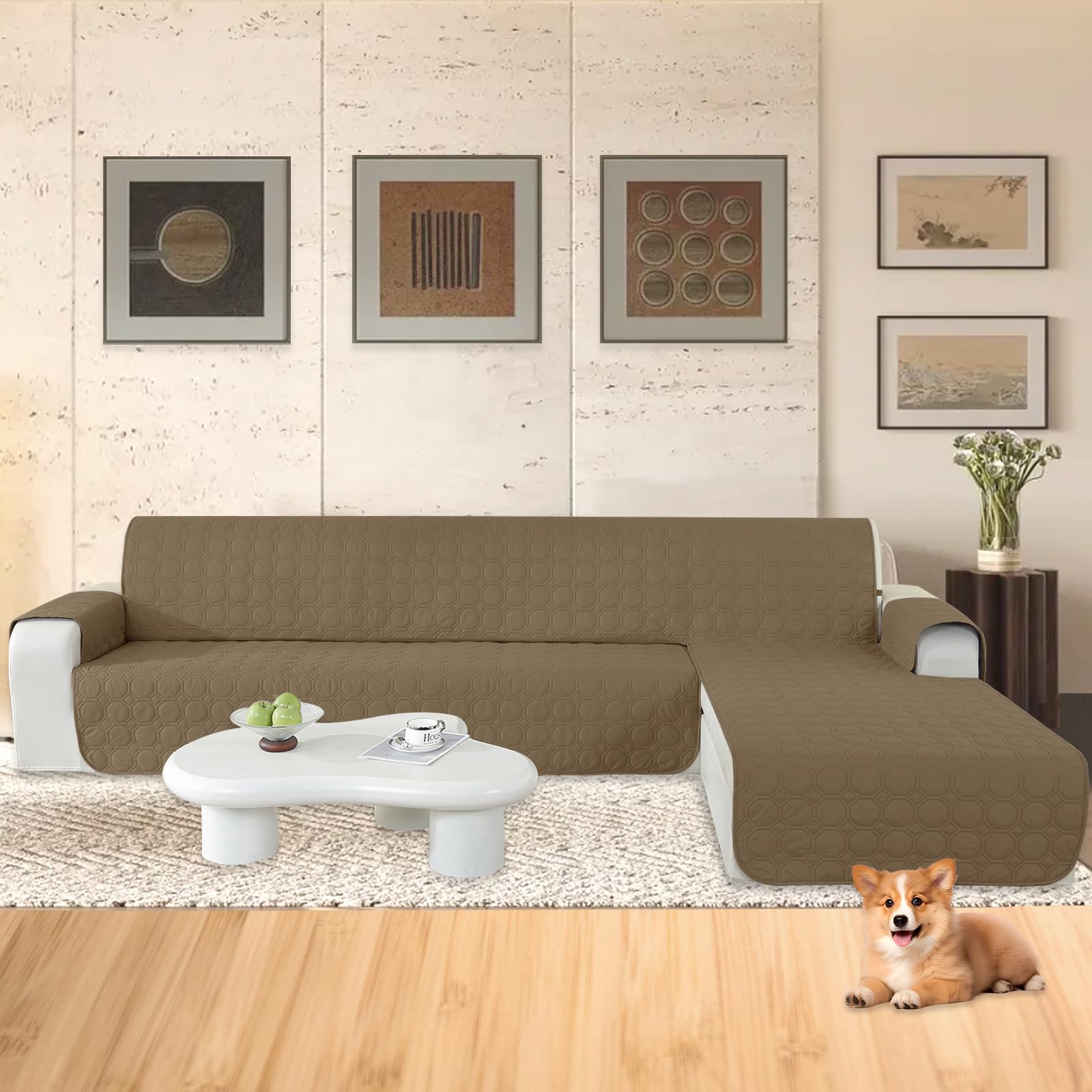 Ystyle Copridivano Impermeabile con Penisola 3 Posti (L 255 CM), Copridivano Angolare Destra/Sinistra Universale Reversibile, Copridivano Chaise longue Antigraffio Antimacchia, Caffè Chiaro