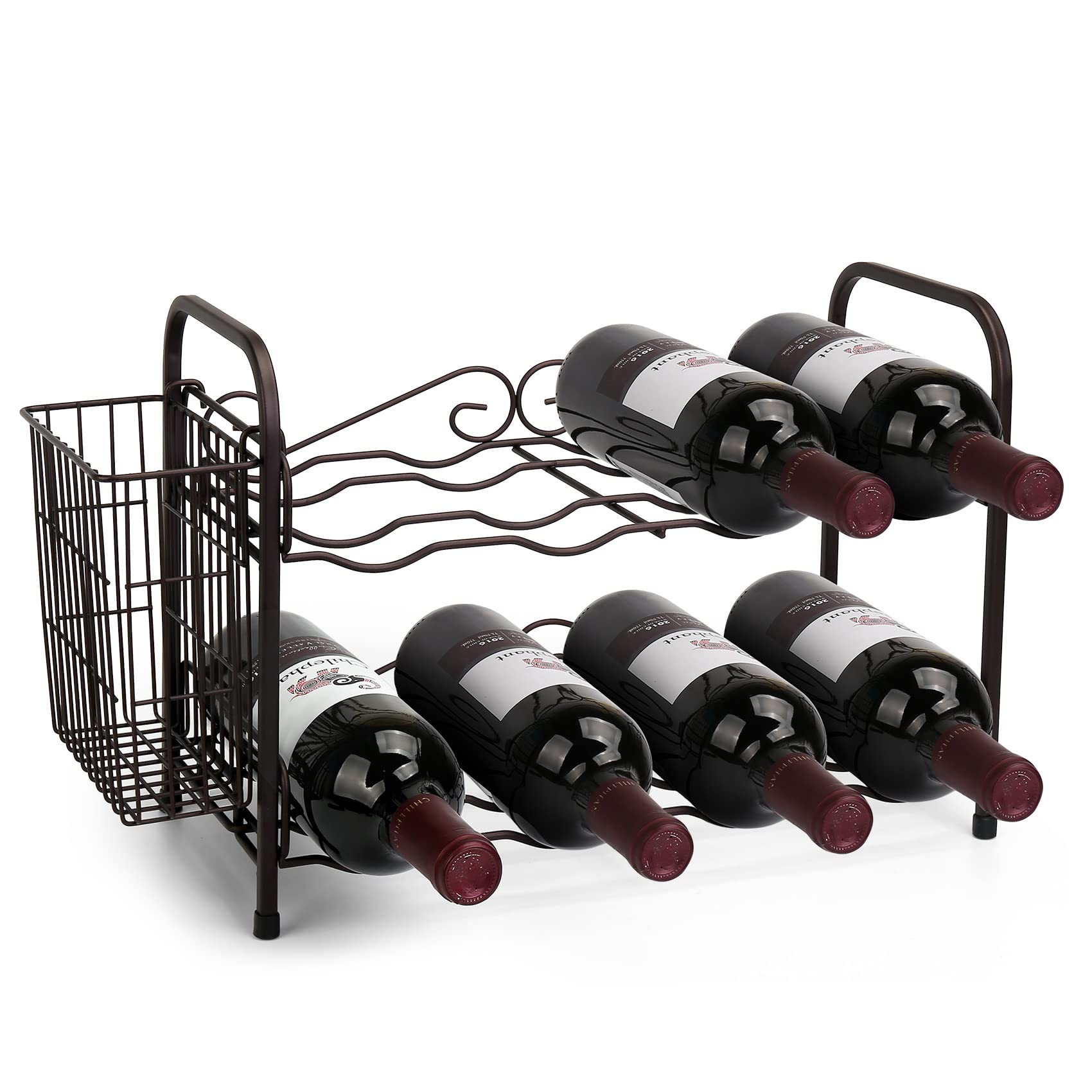 Metal 2 Tier Countertop Wine Rack with Storage Basket, Wine Cabinet ...