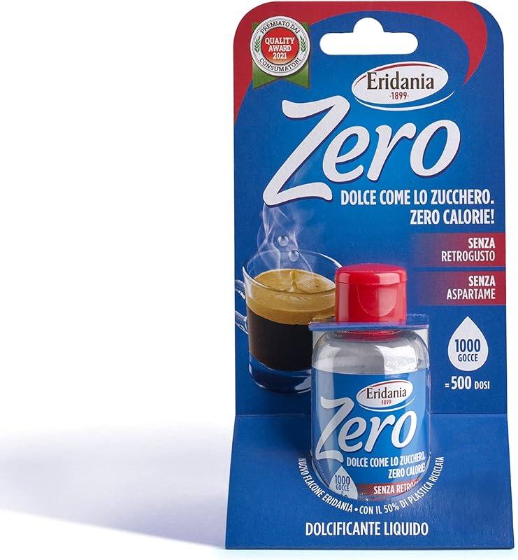 Eridania Zero - Dolcificante Liquido, Comodo Flaconcino da Portare con Te, 500 Dosi, 2 Gocce Equivalgono ad 1 Dose, Comodo Tappo Salvagocce Apri&Chiudi Integrato, 50 ml, 1 pezzo