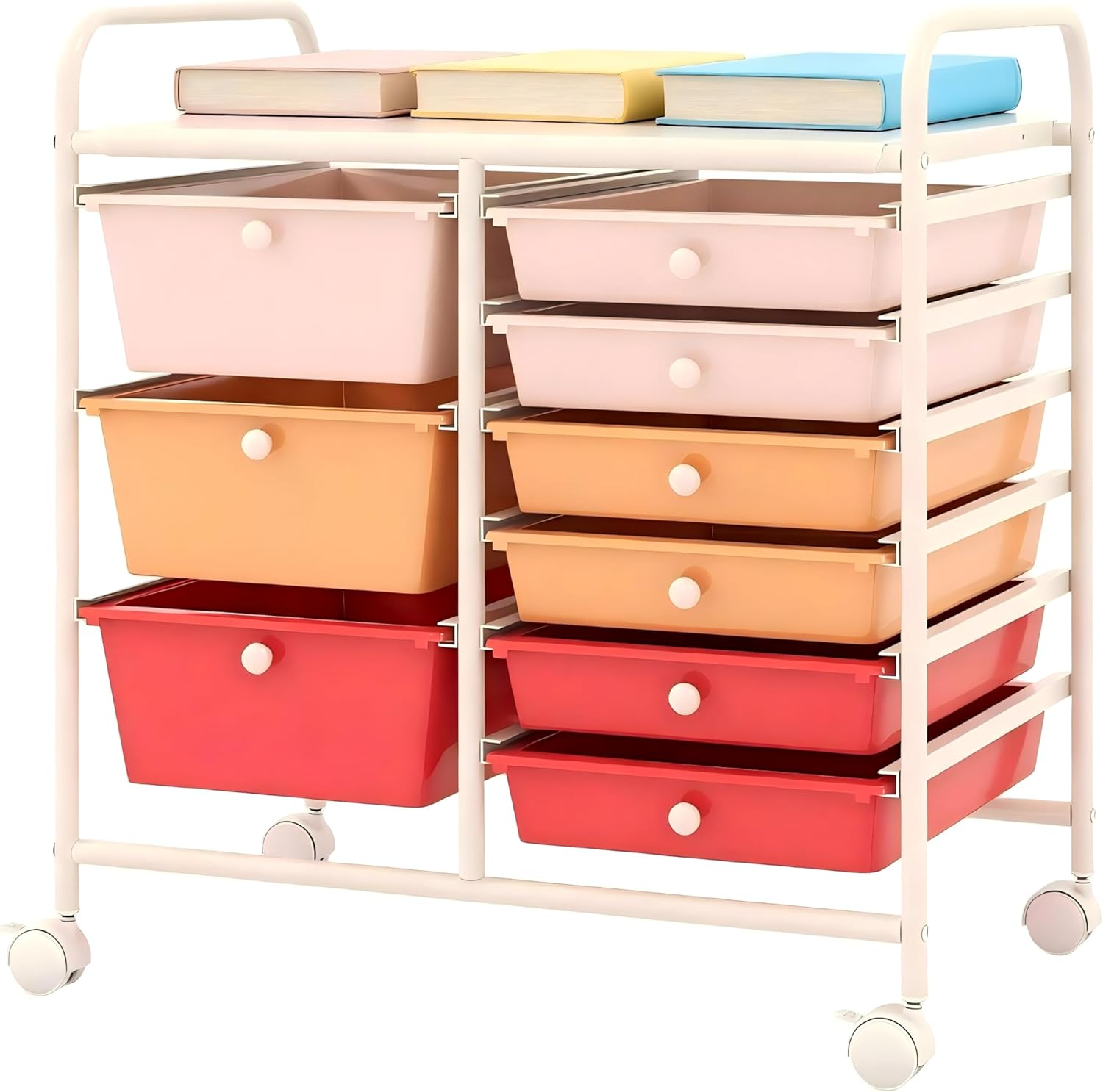 MAT EXPERT 9-Drawer Rolling Storage Cart, Mobile Utility Cart with Metal Frame, Spacious Punched Top, Removable Drawers & Lockable 360° Swivel Wheels, Paper Organizer for Home, School, Salon (Macaron)