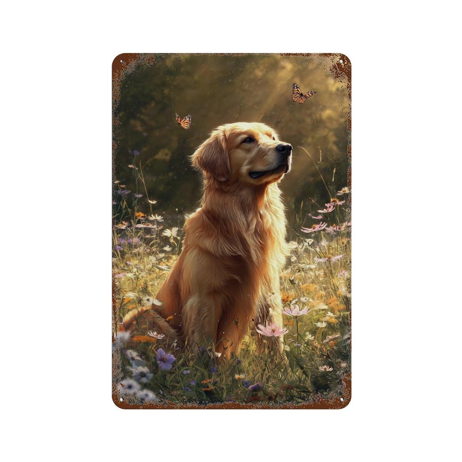 Golden Retriever in Flowers-6 Rust Effect Tin Sign 11.8"x7.9", Vintage Wall Decor for Garage, Pub Or Kitchen