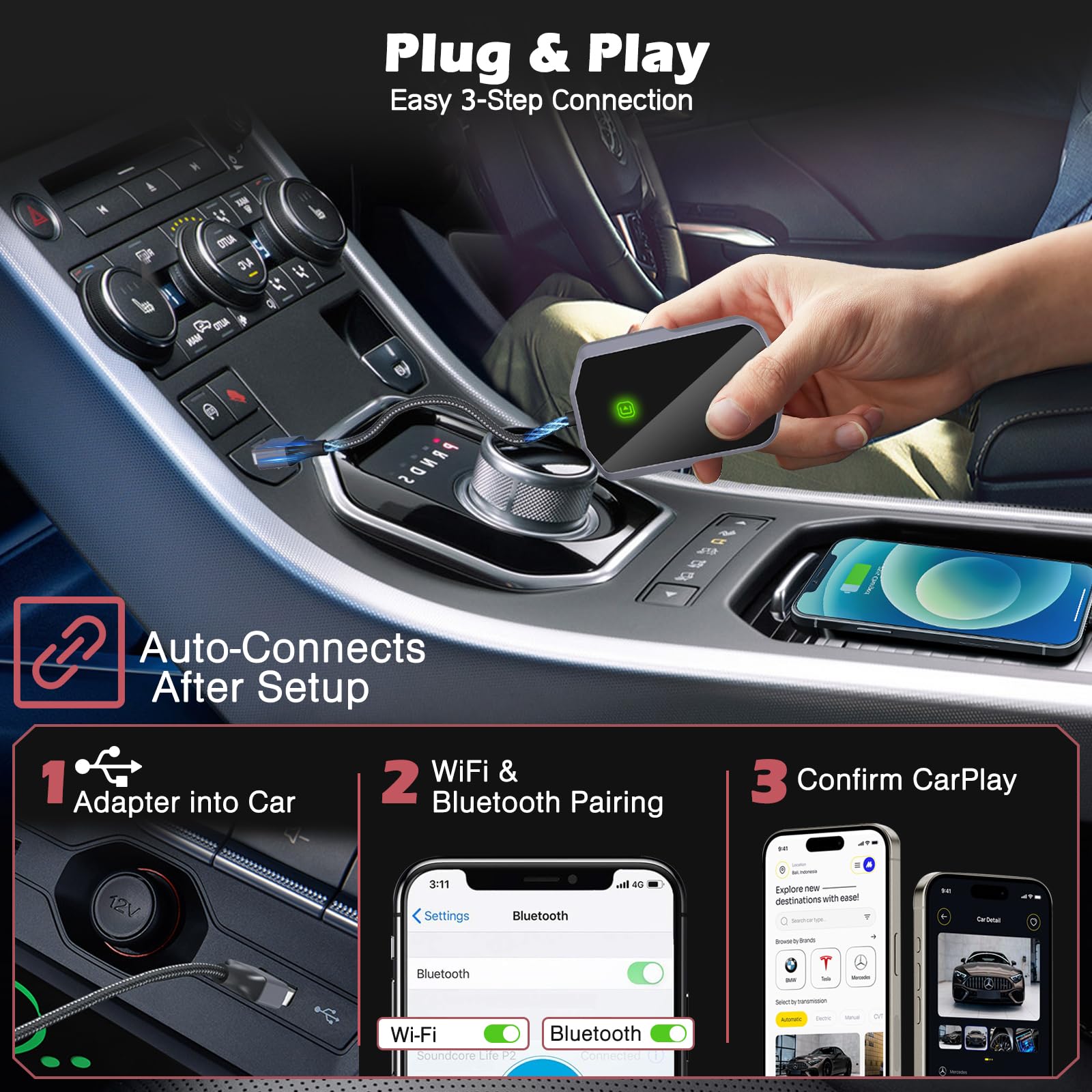 LOFICOPER Wireless CarPlay Adapter for iPhone Upgrade Carplay Wireless Adapter UK with Tempered Glass Design, Plug & Play - Image 3