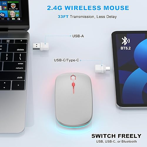 Miniatura 3 de Azmall Ratón inalámbrico Bluetooth, mouse silencioso recargable LED delgado con receptor USB-AUSB-C de 2.4 GHz y adaptador tipo C, compatible con
