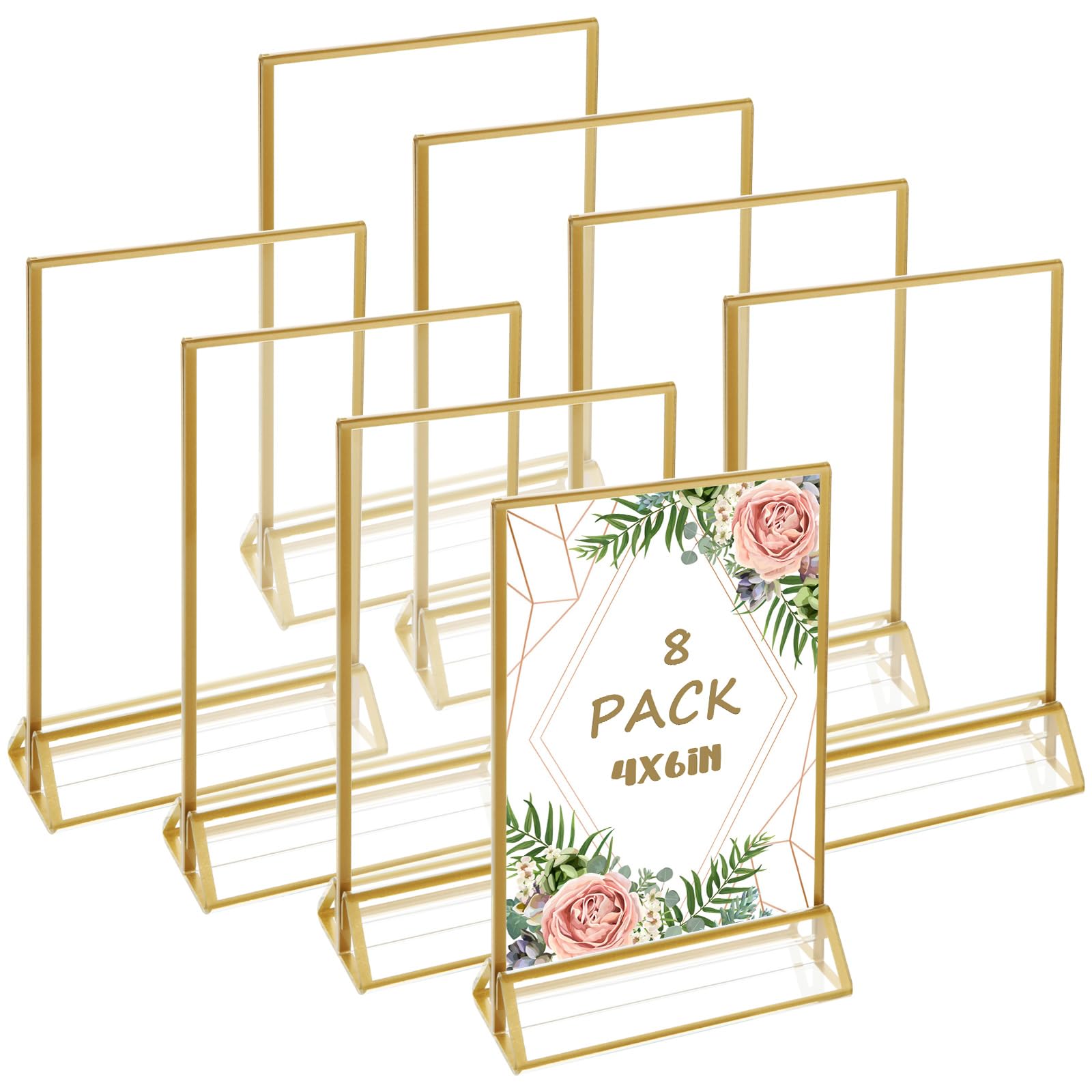 ABuff Acrylic Sign Holders with Golden Border, Portrait View, Pack of 8 | 4x6 Inches Double Sided Clear Frame, Perfect for Wedding reception,