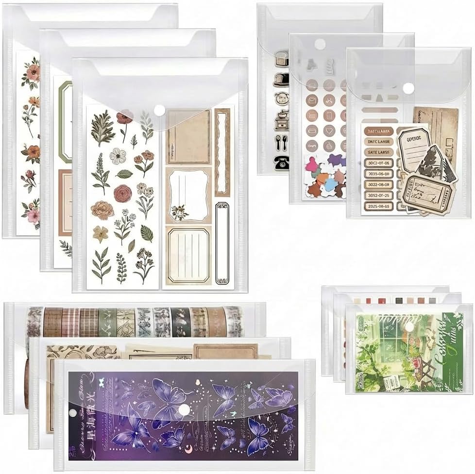 Sticker Organizer, Clear Plastic Envelopes with Snap, 12 Pack Waterproof and Durable for Sticker Storage, Scrapbook Storage, Washi Tape, Scrapbooking & Stamping Supplies (Mixed Sizes)