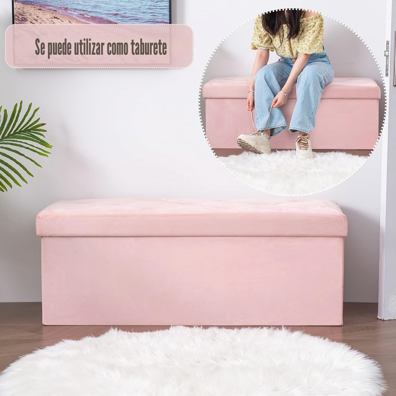 BRIAN & DANY Puff Almacenaje Plegable - Banco Almacenaje con Tapa, Taburete Baúl Multifunción para Dormitorio, Salón o Pasillo, 110 x 40 x 40 cm, Rosa