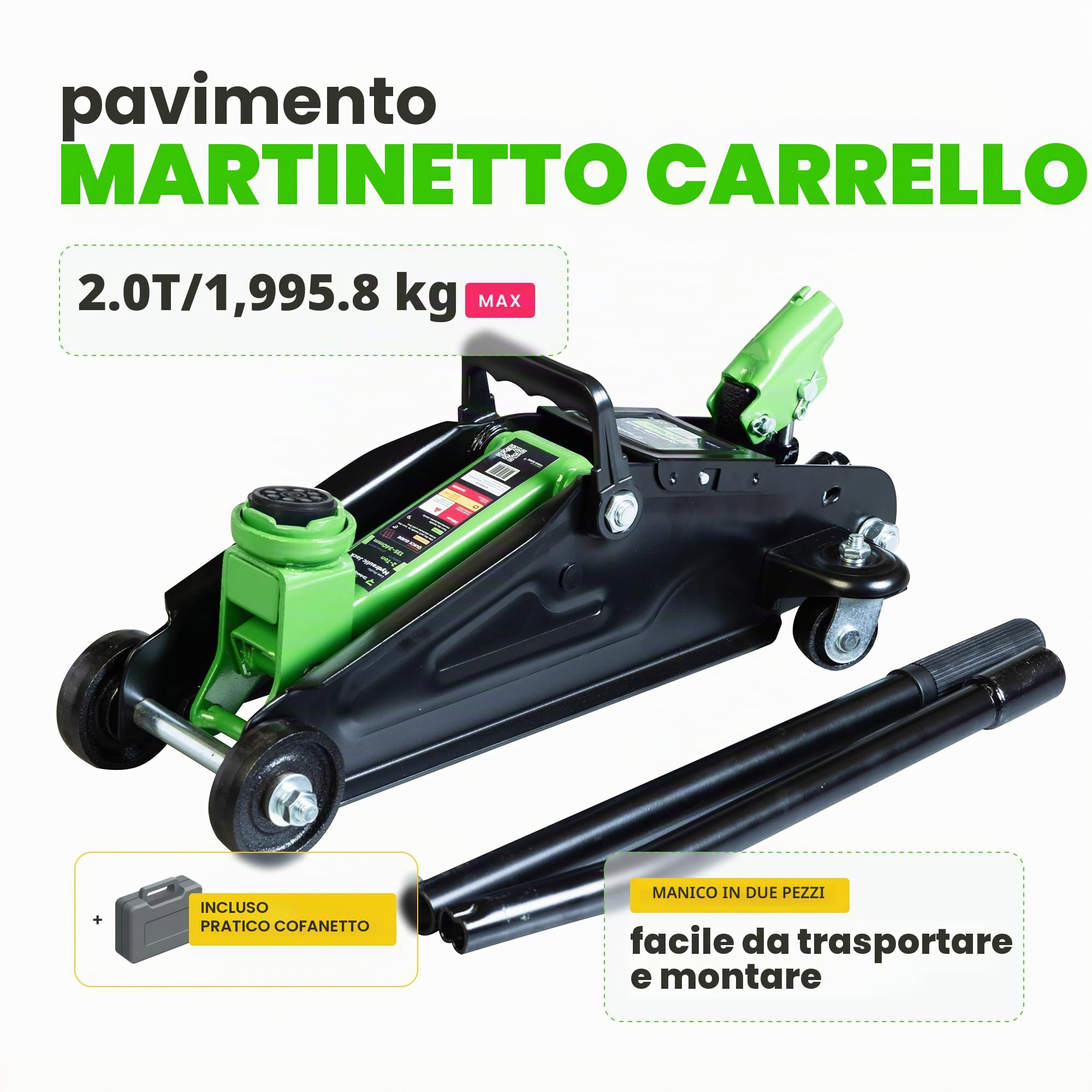 Martinetto idraulico a carrello 2 tonnellate con valigetta, intervallo sollevamento 13,5-34 cm per auto SUV